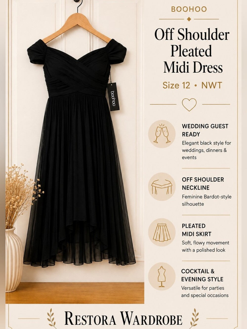 Boohoo Black Off Shoulder Pleated Midi Dress NWT 12 Wedding Guest Cocktail